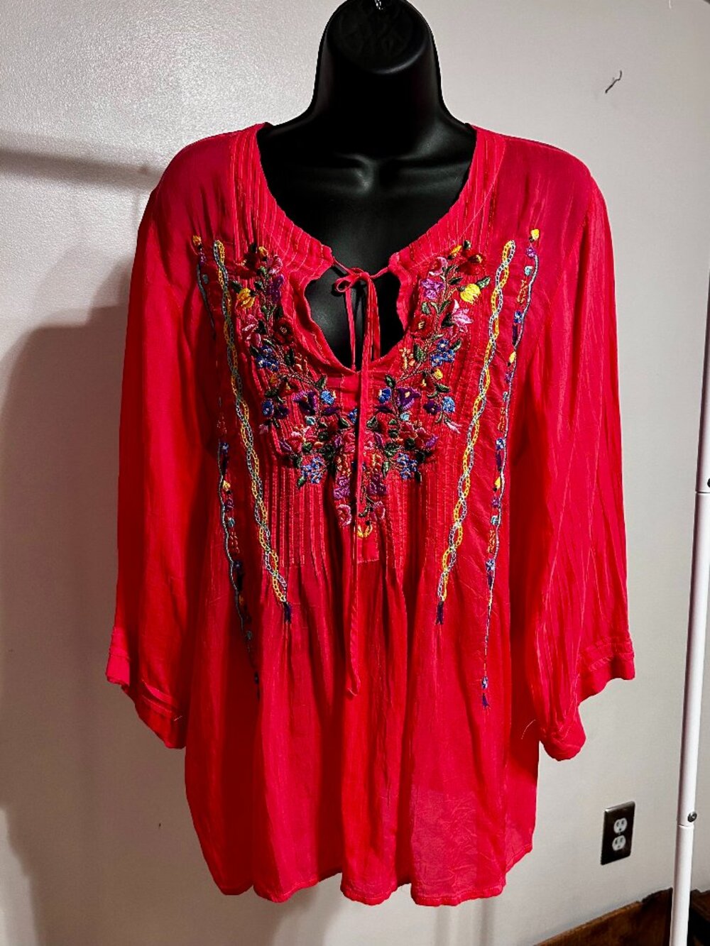 Johnny Was Roma Embroidered Tunic Blouse Red Boho Size M
